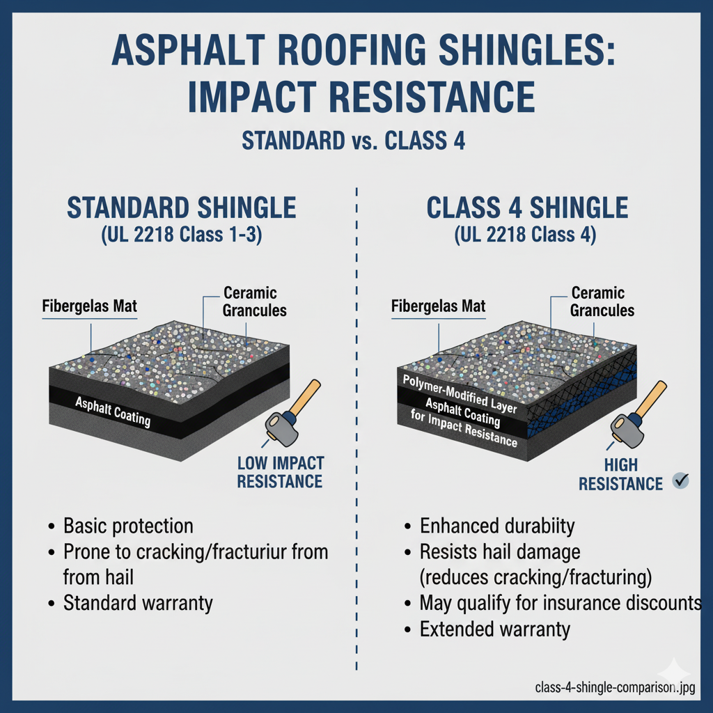 Close-up comparison of standard shingle vs Class 4 impact-resistant shingle